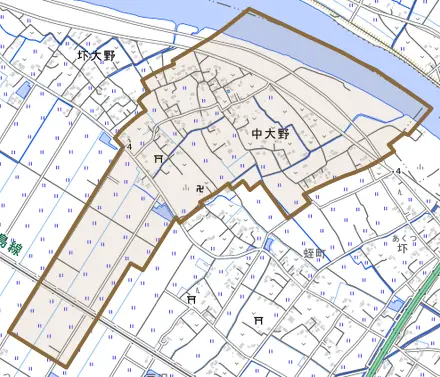 中大野とその周辺の地図。町の範囲を重ねている