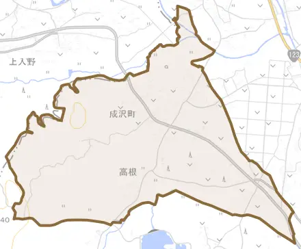成沢町とその周辺の地図。町の範囲を重ねている