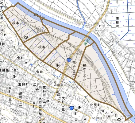 根本とその周辺の地図。町の範囲を重ねている