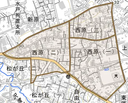 西原とその周辺の地図。町の範囲を重ねている