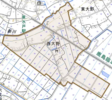 西大野とその周辺の地図。町の範囲を重ねている