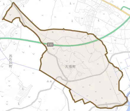 大場町とその周辺の地図。町の範囲を重ねている