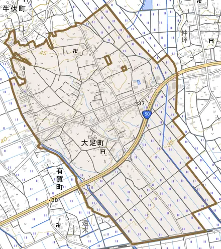 大足町とその周辺の地図。町の範囲を重ねている