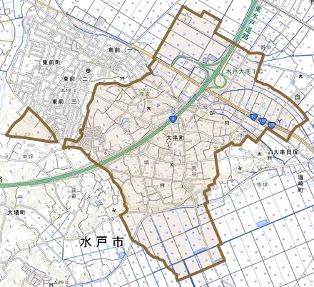 大串町とその周辺の地図。町の範囲を重ねている