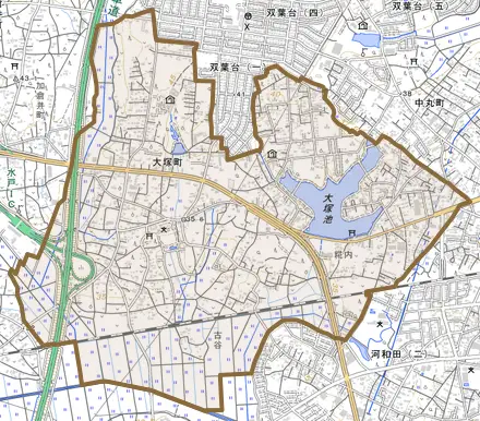 大塚町とその周辺の地図。町の範囲を重ねている