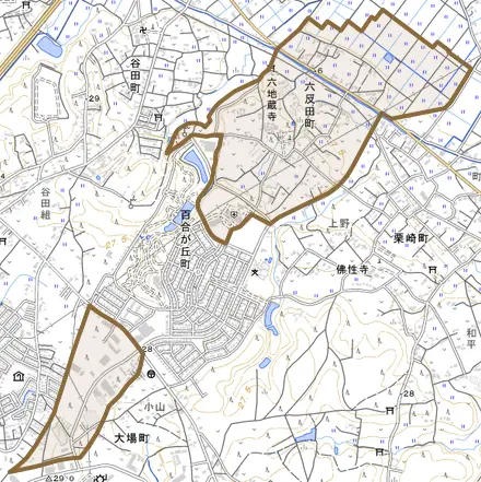 六反田町とその周辺の地図。町の範囲を重ねている