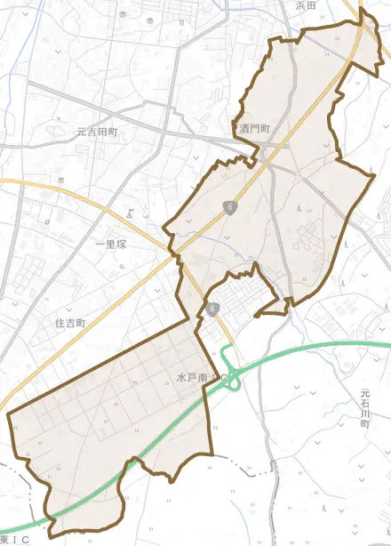 酒門町とその周辺の地図。町の範囲を重ねている