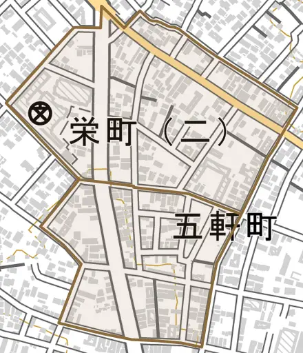 栄町とその周辺の地図。町の範囲を重ねている