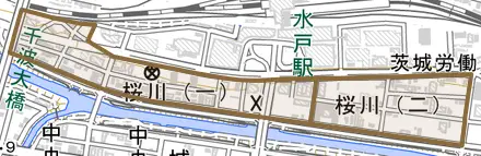 桜川とその周辺の地図。町の範囲を重ねている