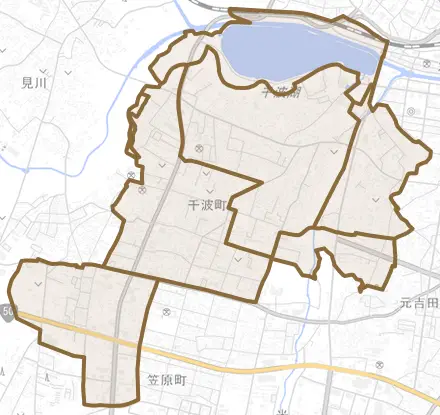 千波町とその周辺の地図。町の範囲を重ねている