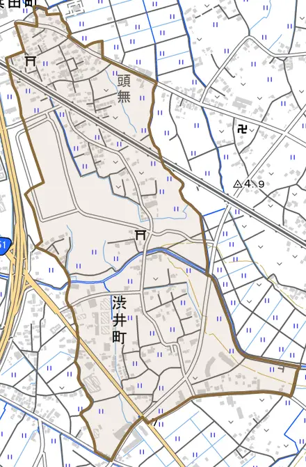 渋井町とその周辺の地図。町の範囲を重ねている