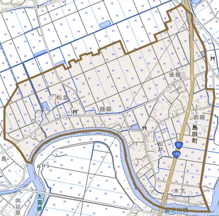 島田町とその周辺の地図。町の範囲を重ねている