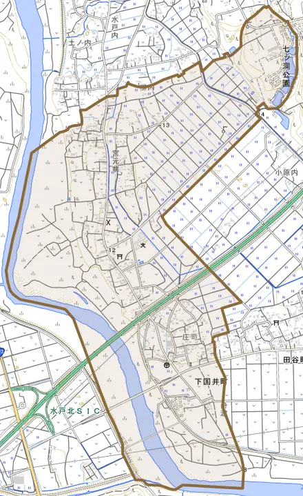 下国井町とその周辺の地図。町の範囲を重ねている