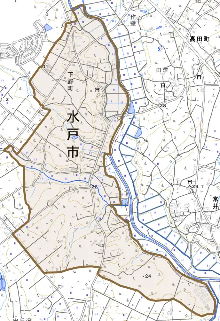 下野町とその周辺の地図。町の範囲を重ねている