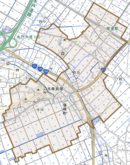 塩崎町とその周辺の地図。町の範囲を重ねている