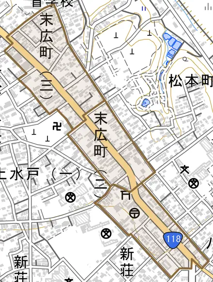 末広町とその周辺の地図。町の範囲を重ねている