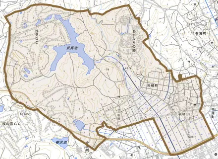 杉崎町とその周辺の地図。町の範囲を重ねている