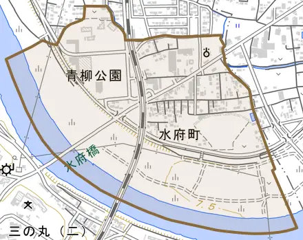 水府町とその周辺の地図。町の範囲を重ねている