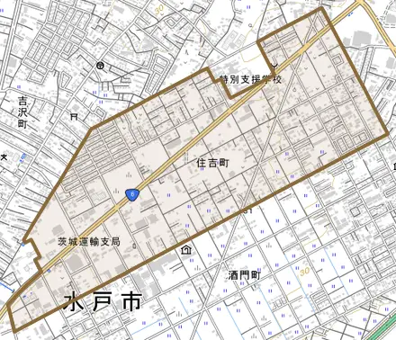 住吉町とその周辺の地図。町の範囲を重ねている