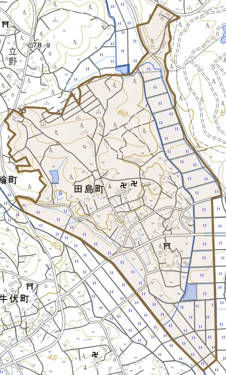 田島町とその周辺の地図。町の範囲を重ねている