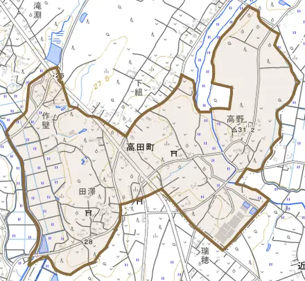 高田町とその周辺の地図。町の範囲を重ねている