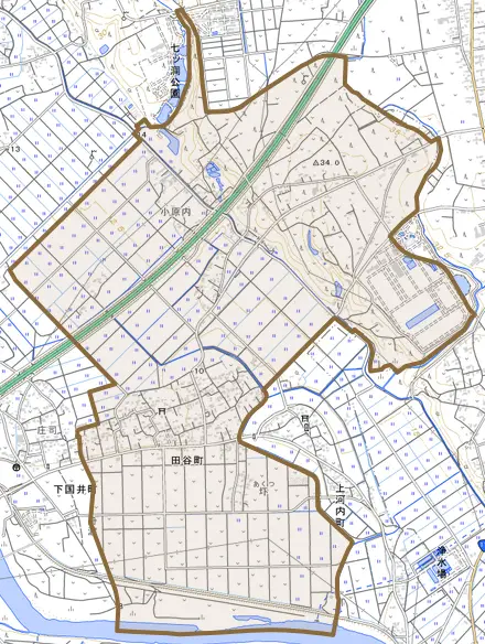 田谷町とその周辺の地図。町の範囲を重ねている