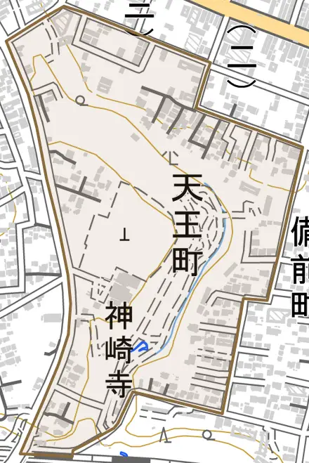 天王町とその周辺の地図。町の範囲を重ねている