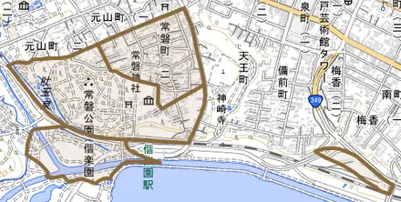 常磐町とその周辺の地図。町の範囲を重ねている