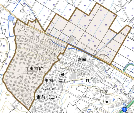 東前町とその周辺の地図。町の範囲を重ねている