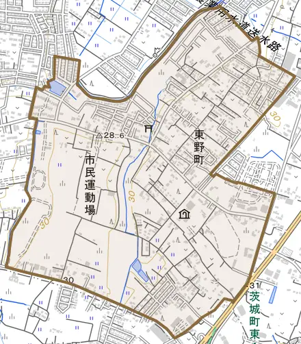 東野町とその周辺の地図。町の範囲を重ねている