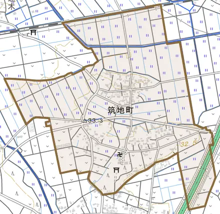 筑地町とその周辺の地図。町の範囲を重ねている