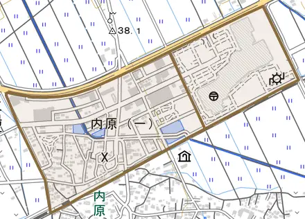 内原とその周辺の地図。町の範囲を重ねている