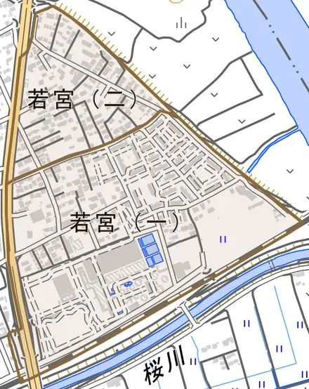 若宮とその周辺の地図。町の範囲を重ねている