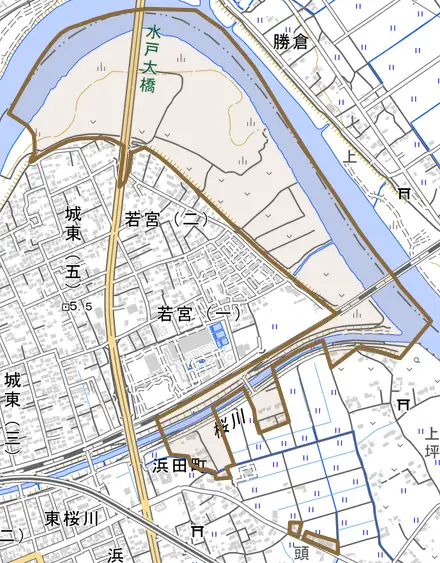 若宮町とその周辺の地図。町の範囲を重ねている