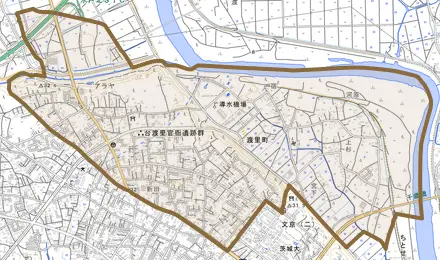 渡里町とその周辺の地図。町の範囲を重ねている