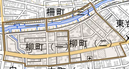 柳町とその周辺の地図。町の範囲を重ねている