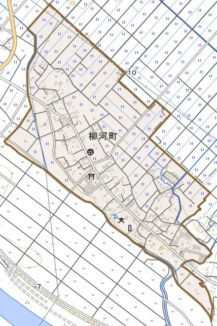 柳河町とその周辺の地図。町の範囲を重ねている