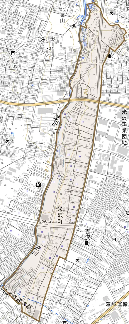 米沢町とその周辺の地図。町の範囲を重ねている