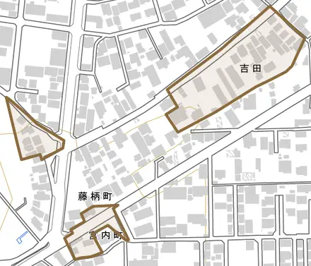 吉田とその周辺の地図。町の範囲を重ねている