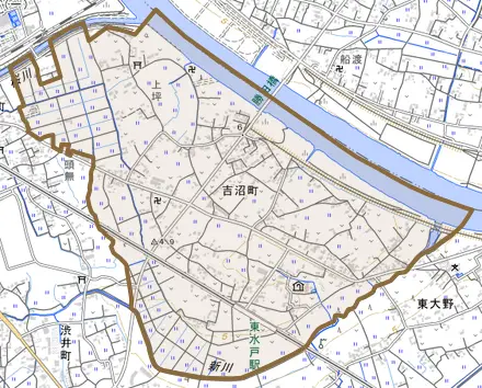 吉沼町とその周辺の地図。町の範囲を重ねている