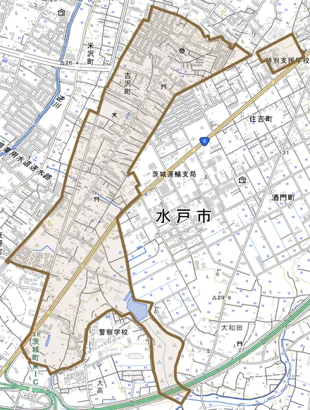 吉沢町とその周辺の地図。町の範囲を重ねている
