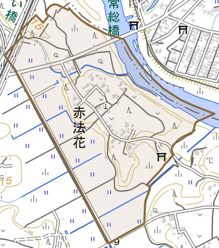 赤法花とその周辺の地図。町の範囲を重ねている