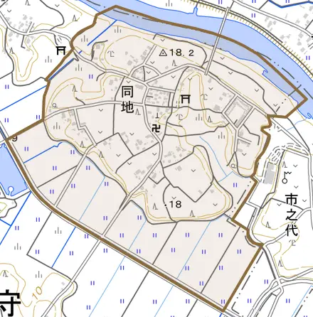 同地とその周辺の地図。町の範囲を重ねている