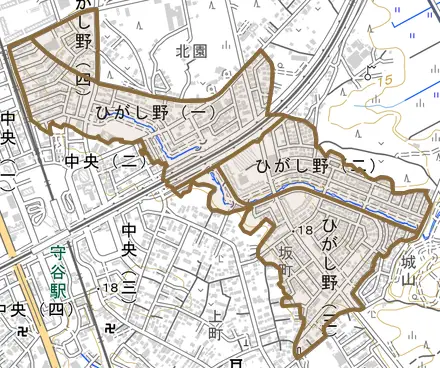 ひがし野とその周辺の地図。町の範囲を重ねている