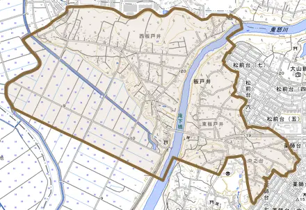 板戸井とその周辺の地図。町の範囲を重ねている