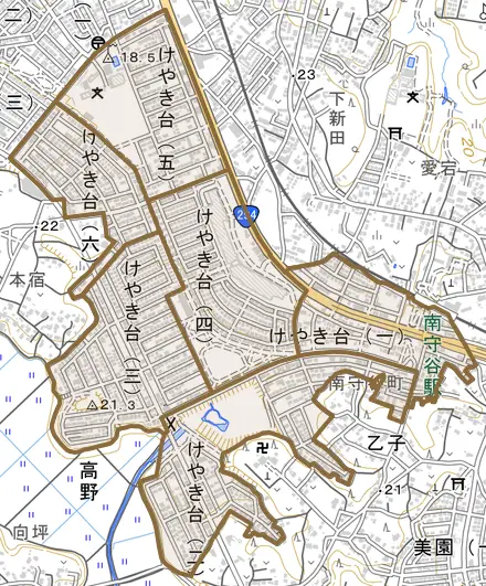 けやき台とその周辺の地図。町の範囲を重ねている