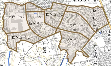 松ケ丘とその周辺の地図。町の範囲を重ねている