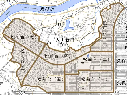 松前台とその周辺の地図。町の範囲を重ねている