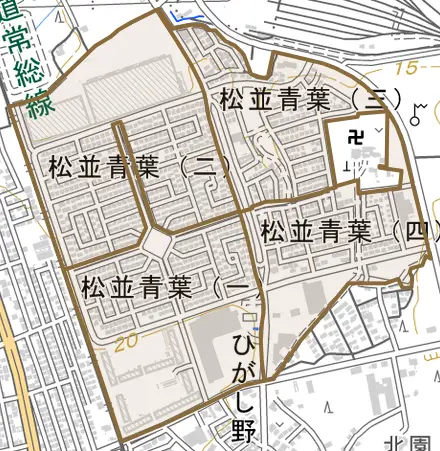 松並青葉とその周辺の地図。町の範囲を重ねている