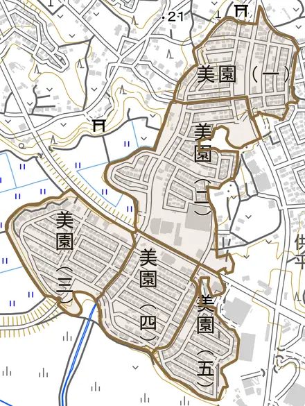美園とその周辺の地図。町の範囲を重ねている